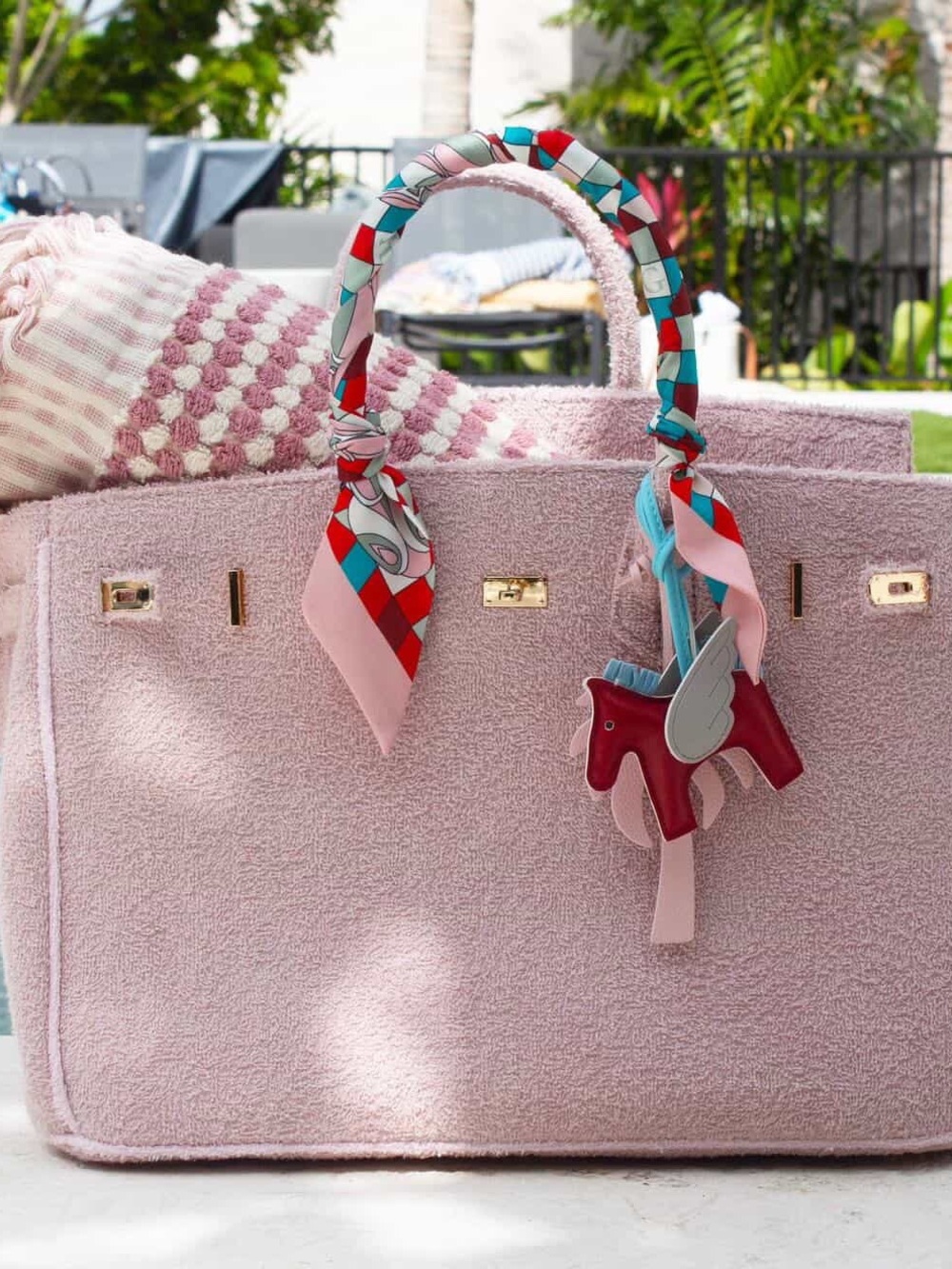 Soft Pink Women's Tote with Decorative Scarf and Horse Charm
